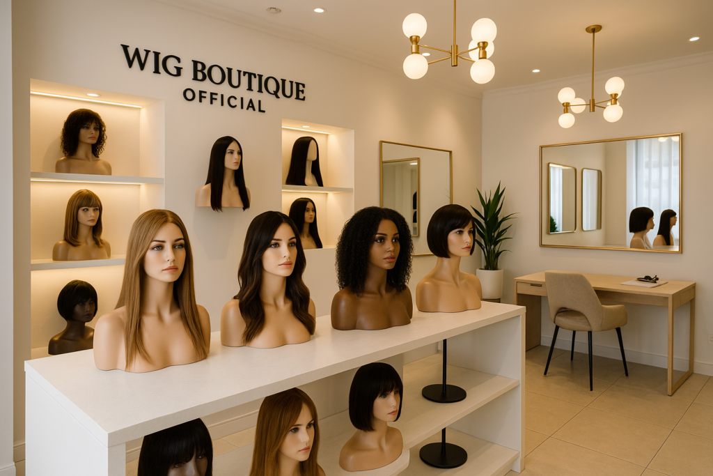 Interior view of Wig Boutique Official in Rohini, Delhi, showcasing a wide range of premium natural hair wigs on display.