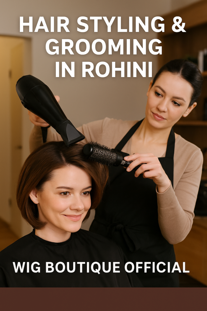Hair stylist in Rohini providing grooming and haircut to a woman at Wig Boutique Official
