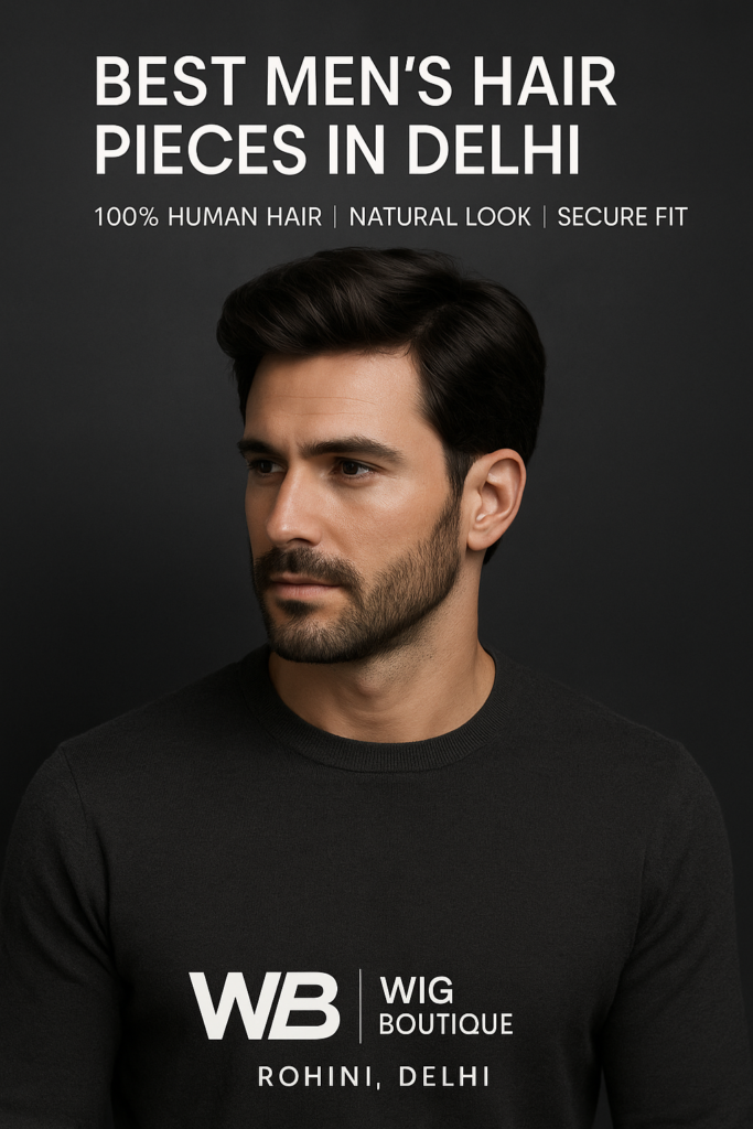 Premium human hair wig for men displayed at Wig Boutique Official in Delhi – best hair replacement solution.