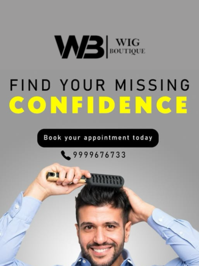 A smiling man confidently styles his full head of hair, with text overlay promoting "WB Wig Boutique" and the message "Find Your Missing Confidence