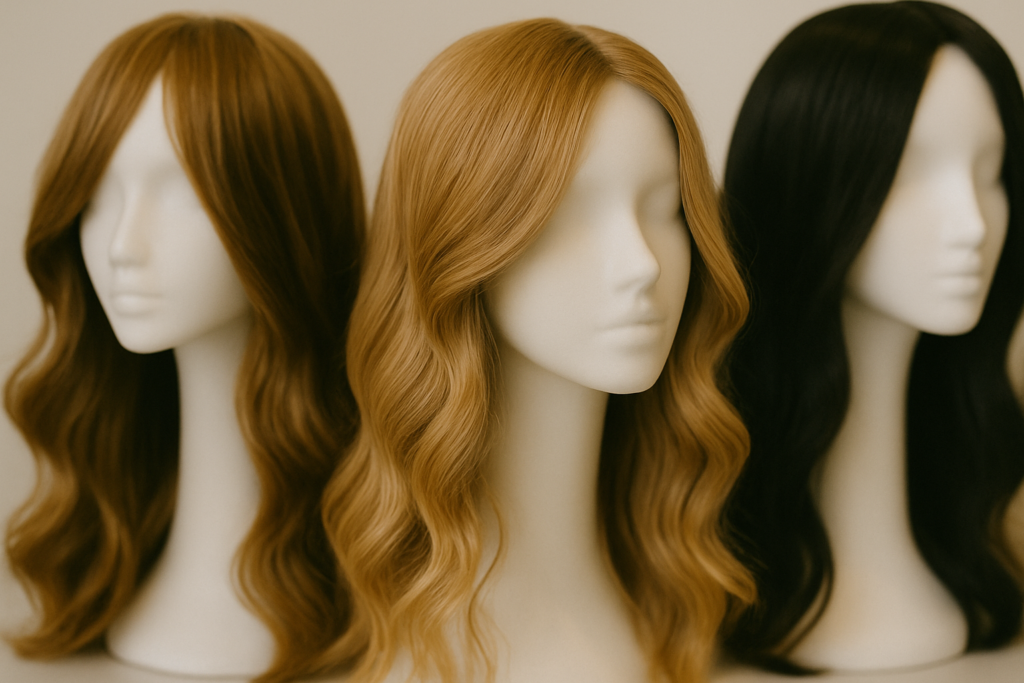 Close-up of a beautiful, flowing natural human hair wig, showcasing its realistic texture and subtle sheen.