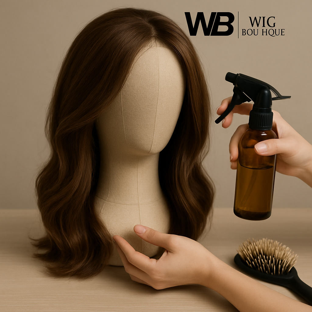 Person gently brushing a human hair wig on a mannequin head as part of maintenance.