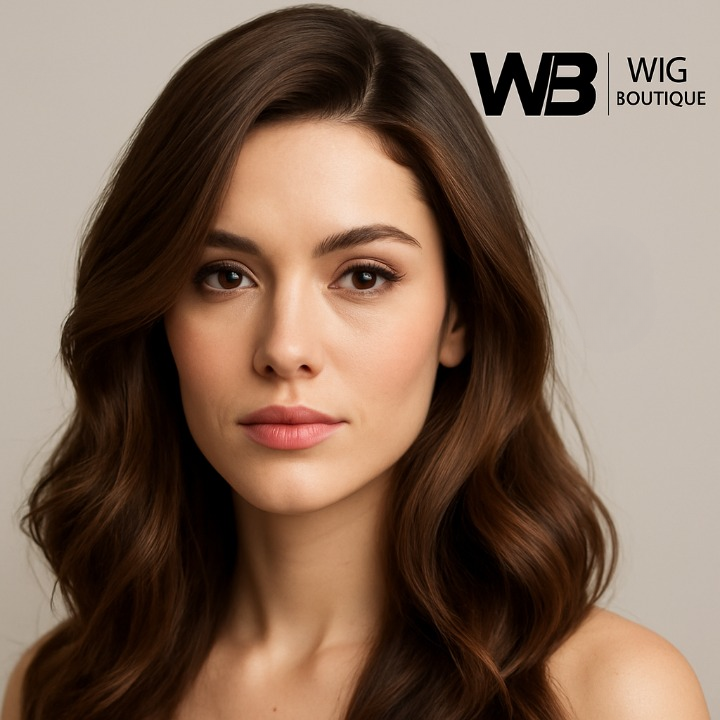 Confident woman trying on a natural-looking wig made of 100% human hair in a salon setting.
