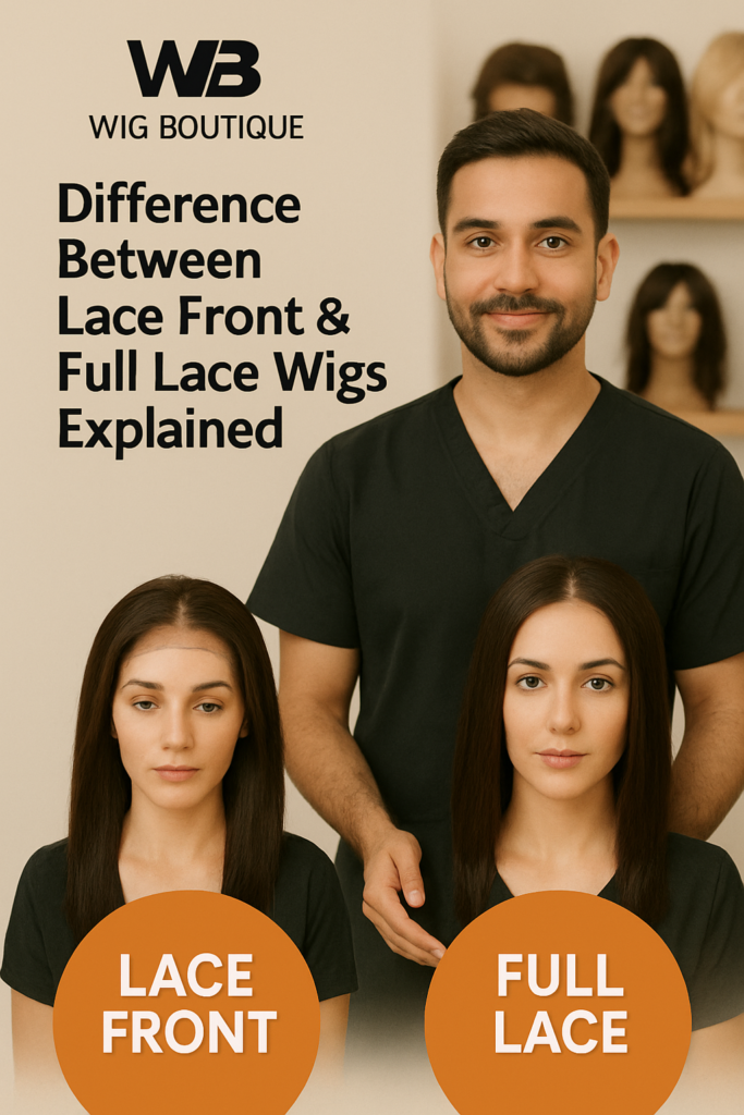 Side-by-side comparison showing the cap construction of a lace front wig (lace only at front) and a full lace wig (entire cap is lace).