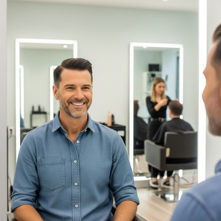 A man with a natural-looking non-surgical hair replacement system from Wig Boutique Official.