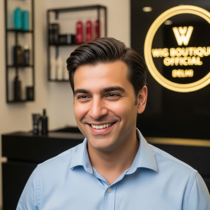 A man smiling confidently after receiving a non-surgical hair replacement from Wig Boutique Official in Delhi.
