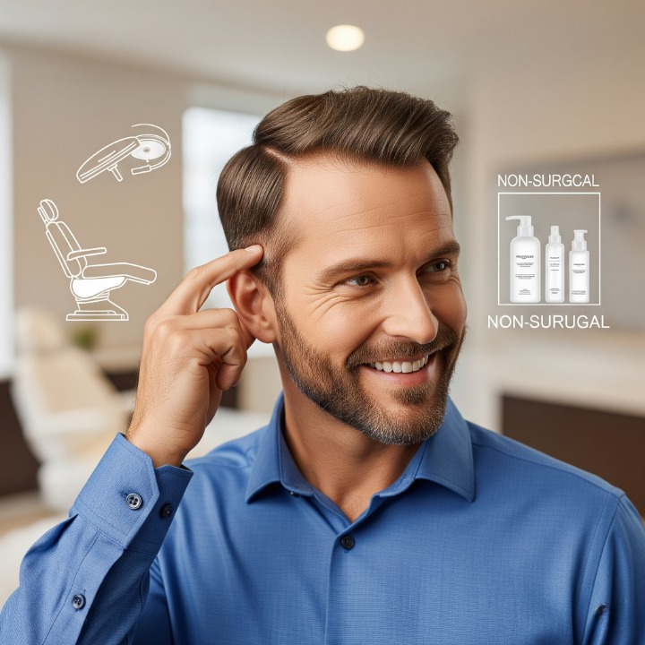 A man with a seamless and natural-looking hair patch for men, smiling confidently.